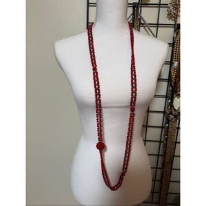 Long Red & Turquoise Glass Bead Necklace with Knotted Accents Unique